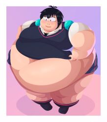 2d 2d_(artwork) 2d_artwork aaronfly98 asian asian_female bbw big_breasts black black_hair black_vest breasts fat female marvel morbidly_obese obese peni_parker school_uniform schoolgirl short_hair skirt spider-man:_across_the_spider-verse spider-man:_into_the_spider-verse spiderverse sweat sweating white_skinned