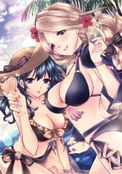 2girls alternate_costume asa_(asakisafe1) bikini black_bikini black_swimsuit blue_eyes blue_hair brown_bikini brown_swimsuit byleth_(fire_emblem) byleth_(fire_emblem)_(female) byleth_(fire_emblem)_(female)_(cosplay) byleth_(summer)_(fire_emblem)_(female) cosplay costume_switch female fire_emblem fire_emblem:_three_houses fire_emblem_heroes hat mercedes_von_martritz mercedes_von_martritz_(cosplay) mercedes_von_martritz_(summer) nintendo official_alternate_costume sarong see-through swimsuit white_skin