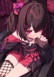 1boy absurdres animal_ear_fluff animal_ears black_hair blurry blurry_background blush bow cat_ears censored commission disembodied_penis dress eyes_visible_through_hair fellatio female fishnet_thighhighs fishnets hair_ornament hair_over_one_eye hairclip heart heart_necklace highres indie_virtual_youtuber jewelry male medium_hair mosaic_censoring multicolored_hair nasuuni necklace off_shoulder oral penis pink_bow pink_hair short_dress single_thighhigh sitting skeb_commission streaked_hair swivel_chair thighhighs two_side_up virtual_youtuber zipper zipper_dress zipper_pull_tab