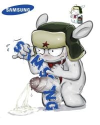 _ssatoh anthro bunny bunny_ears cum cum_on_object ejaculation erection facial_expressions humanoid male messy penis samsung silly smile solo_male sperm wet white_body white_skin xiaomi