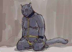 2012 anthro belly black_body black_fur bondage bound brown_background collar colored cuff_(restraint) eyebrows felid fur grey_background guide_lines jeri_kleinlowe kneeling looking_at_viewer male male_focus male_only malesub mammal nude nude_male overweight pantherine raised_eyebrow restraints simple_background slave smile solo solo_male submissive_male tail wrist_cuffs