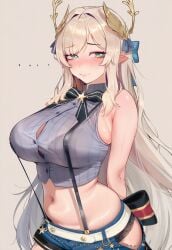 ... .... ai_generated belly belly_button black_panties blonde_hair blue_shorts blush green_eyes hikanari_hina huge_breasts long_hair navel oozora_subaru_(cosplay) phase_connect smile suspenders virtual_youtuber