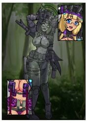 armor belt blush breasts cleavage cowboy_shot eyeglasses female female_focus fingerless_gloves forest gloves greyscale hat helmet ill188 large_breasts long_hair looking_at_viewer monochrome navel nipples open_mouth petrification pouch scar simple_background solo statue stone_statue teeth torn_clothes weapon wide-eyed
