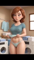 ai_generated auburn_hair blue_panties blue_shirt green_eyes laundry milf perky_nipples thick_thighs white_skin wide_hips