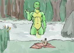 2012 ambiguous_gender anthro bottomwear brown_hair cattails clothing colored duo eye_contact forest forest_background genitals green_body green_skin guide_lines hair human jeri_kleinlowe looking_at_another macro macro_anthro male mammal micro micro_human nature nature_background navel nude nude_female open_mouth pale_skin partially_submerged plant river rock shocked shorts sitting species_request tree vulva