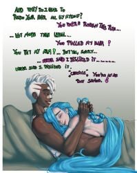 1boy 1boy1girl 1girls after_sex aftercare arcane arcane_jinx bed blue_hair braiding_hair breast_press breasts casual closed_eyes couple cuddling dark-skinned_male dark_skin darkminou ekko english_text facial_tattoo female firelight_ekko girl_on_top hair_down hairlocs happy highres hug human in_bed interracial jinx_(league_of_legends) laying_on_back laying_on_bed league_of_legends light-skinned_female light_skin lying_on_person male messy_hair naked_sheet nude pale_skin riot_games romantic sideboob smile straight under_covers very_long_hair wholesome wholesome_end