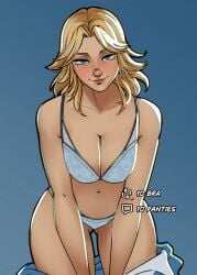 bending_forward blonde_female blonde_hair blue_lingerie blush_lines blushing_at_viewer blushing_female invisible_woman invisible_woman_(marvel_rivals) lingerie looking_at_viewer marvel marvel_rivals smile stripping sue_storm sultry_eyes wavy_hair white_lingerie worsenworse