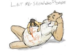 2012 anthro belly big_belly bodily_fluids brown_hair colored cougar cum domestic_cat drawing_on_belly drawing_on_body duo english_text felid feline felis frown frustrated fur genital_fluids genitals guide_lines hair handwritten_text humor jeri_kleinlowe lying male male/male mammal on_side penis simple_background size_difference tan_body tan_fur text unimpressed vore white_background white_body white_fur