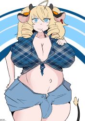 1futa animal_ears big_breasts blue_eyes breasts bulge bulge_through_clothing clothed clothing cow_ears cow_girl e-claire flaccid freckles futa_only futanari horns humanoid jamkat kemonomimi light-skinned_futanari light_skin long_hair pale_skin solo standing tail wide_hips