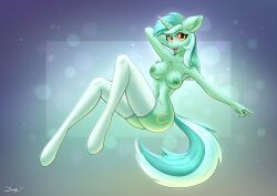 2021 5_fingers absurd_res alternate_version_available anthro areola breasts chest_tuft clothing cutie_mark dandy_(artist) digital_media_(artwork) equid equine female female_focus female_only fingers friendship_is_magic green_eyes hand_on_head hasbro hi_res horn legwear looking_at_viewer lyra_heartstrings_(mlp) mammal mostly_nude my_little_pony navel nipples open_mouth orange_eyes solo tuft unicorn