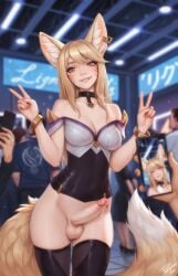 ahoge ahri ahri_(league_of_legends) ahri_(league_of_legends)_(cosplay) animal_ear_fluff animal_ear_piercing animal_ears artist_name balls bare_shoulders black_choker black_thighhighs blurry blurry_background bottomless bracelet breasts brown_eyes brown_hair cellphone cellphone_photo choker commentary cosplay cowboy_shot crop_top double_v english_commentary erection exhibitionism facial_mark female fox_ears fox_girl fox_tail futanari grin highres holding holding_phone indoors intersex jewelry khiara_(personalami) long_tail looking_at_viewer medium_breasts original penis people personalami phone pov pov_hands precum public_indecency smartphone smile solo_focus standing tail testicles thighhighs uncensored v