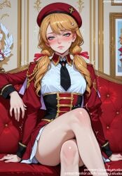 ai_generated arm_support bangs beret black_necktie black_neckwear blonde_hair blush braid breasts chair closed_mouth clothing code_geass code_geass:oz_the_reflection collared_shirt corset couch crossed_legs dress epaulettes female female green_eyes hair_ornament hair_ribbon hat headwear indoors jacket jousneystudio large_breasts legs long_hair long_sleeves looking_at_viewer low_twintails military military_uniform miniskirt necktie neckwear oldrin_zevon pleated_skirt red_headwear red_ribbon red_skirt shirt sitting skirt smile solo thighs trembling twintails uniform white_shirt window