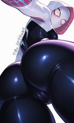 ai_generated ass at behind below bodysuit breasts cameltoe cleft focus from gwen_stacy_(spider-verse) gwen_tennyson hood juicy juicy_ass large looking marvel mask of pussy selfie shy spider suit the thighs venus view viewer white_bacground