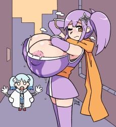 alternate_breast_size alternate_version_available breast_expansion breasts_bigger_than_head female female_only flustered huge_breasts hyper_breasts ill_fitting_clothing inconvenient_breasts izutsumi_marin kusagakure_satoko lactating lactation lactation_through_clothes leaking_milk looking_at_viewer milk ninja ninja_outfit ninja_to_koroshiya_no_futarigurashi nipple_slip nipples_visible_through_clothing public purple_hair scarf slim top_heavy umaiplum