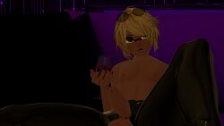 blonde_hair dark_skin dark_skinned_femboy effectively_nude femboy functionally_nude glasses glasses_on_head latex latex_clothing laying_down laying_on_back laying_on_couch ripped_clothing ripped_pants solo solo_femboy solo_male vrcfemboy vrchat vrchat_avatar wine wine_glass yellow_eyes