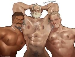 3boys abs armpit_hair armpits bara biceps chest_hair facial_hair gay haideebobs male male_focus male_only muscular muscular_arms muscular_chest muscular_male nipples overwatch pecs pectorals reaper reinhardt simple_background sniffing soldier_76 text yaoi
