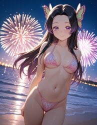 2025 ai_generated beach_background belly black_hair_female butterfly_hairclip female female_only fireworks glaring_at_viewer hands_behind_back instagram looking_at_viewer meta pink_bikini purple_eyes_female smile_at_viewer smiling_at_viewer tummy unknown_artist unknown_character
