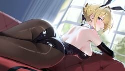 1girls absurdres animal_ears ass back black_gloves black_leotard black_pantyhose blonde_hair blue_eyes blush breasts couch elbow_gloves evelyn_chevalier fake_animal_ears female from_behind gloves gou_d hair_extensions hair_intakes hair_up highres indoors large_breasts latex latex_leotard leotard looking_at_viewer looking_back on_couch pantyhose playboy_bunny rabbit_ears ring_hair_extensions strapless strapless_leotard window_shadow zenless_zone_zero