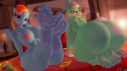 16:9 3d 3d_(artwork) all_fours anthro anthrofied ass bed big_breasts big_butt breasts conditional_dnp digital_media_(artwork) duo equid equine feathered_wings feathers feet female foot_fetish foot_focus friendship_is_magic furniture hair hasbro hi_res horn looking_at_viewer looking_back lyra_heartstrings_(mlp) mammal multicolored_hair my_little_pony on_bed pegasus presenting presenting_hindquarters rainbow_dash_(mlp) rainbow_hair side_boob sitting snuddy source_filmmaker unicorn widescreen wings