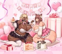 2girls bbw birthday birthday_cake chubby dark-skinned_female female_only light-skinned_female original original_character original_characters wet_tea