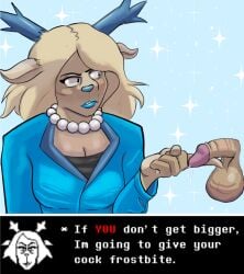 anthro balls blonde_hair blue_horn blue_lipstick blue_nose bodily_fluids bovid breasts caprine carol_holiday castration_threat clothed clothing deer deltarune digital_media_(artwork) disembodied_penis erection eyebrows female frown gem genital_fluids genitals hair horn humiliation jewelry lips lipstick makeup male mammal mature_female necklace new_world_deer pearl_(gem) pearl_necklace penis penis_humiliation pickleticklr reindeer scowl simple_background small_penis_humiliation solo suit_jacket text threatening_words undertale_(series)