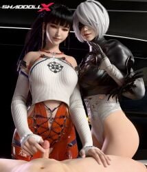 1boy 2girls 3d absurd_res clothed clothed_female_nude_male eve_(stellar_blade) femdom highres leotard looking_at_viewer nier:_automata shaddoll_x small_penis stellar_blade yorha_2b yorha_9s