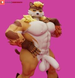 3d_(artwork) abs anthro balls biped blonde_hair brown_clothing brown_fingerless_gloves brown_gloves brown_handwear brown_headwear camseven cheek_tuft clothing digital_media_(artwork) domestic_cat epic_games facial_tuft felid feline felis fingerless_gloves fortnite fur fur_tuft genitals gloves hair handwear headgear headwear hi_res male mammal meowtooth multicolored_body multicolored_fur muscular muscular_anthro muscular_male open_mouth open_smile orange_body orange_fur pantherine pecs penis pink_background simple_background smile solo tail tiger tuft white_body white_fur