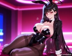 ai_generated alternate_costume animal_ears balecxi black_bow black_bowtie black_hair black_jacket black_leotard black_pantyhose blue_archive cleavage detached_collar fake_animal_ears female hair_ornament halo large_breasts long_hair long_sleeves looking_at_viewer playboy_bunny rabbit_ears red_eyes rio_(blue_archive) solo strapless_leotard thighs