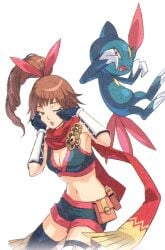 1girls bare_midriff boob_window brown_hair cleavage exposed_thighs female kunoichi_(pokemon) ninja nintendo official_art pokemon pokemon_conquest ponytail red_scarf scan sfw short_shorts sneasel teasing