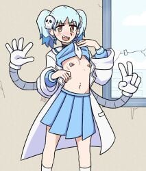1girls blue_hair breasts cute female_only flat_chest flustered izutsumi_marin labcoat navel navel_piercing ninja_to_koroshiya_no_futarigurashi pierced_nipples piercings robotic_arm sailor_uniform shirt_lift skirt skull small_breasts standing stomach two_tone_hair umaiplum