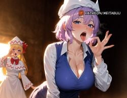 ai_generated blonde_hair blue_eyes blush bow breasts cleavage collarbone dress fellatio_gesture female hand_up hat large_breasts letty_whiterock lily_white long_hair long_sleeves looking_at_viewer meitabuu multiple_girls open_mouth oral_invitation purple_hair saliva saliva_trail sexually_suggestive short_hair skirt solo sweat tongue tongue_out upper_body vest
