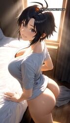 ai_generated antenna_hair ass black_hair breasts cleavage female idolmaster_(classic) kikuchi_makoto large_breasts looking_at_viewer looking_back meitabuu on_bed parted_lips shirt short_hair smile solo standing thighs