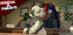 1boy 1futa 3d big_breasts blue_hair bottomless breasts clothed crimstuff duo futanari horns intersex male pekora.zip roblox roblox_avatar robloxian short_hair tagme watermark white_hair
