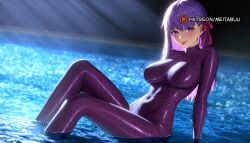 :> :p ai_generated arm_support blush breasts closed_mouth covered_navel fate/stay_night female hair_ribbon knee_up large_breasts long_hair long_tongue looking_at_viewer matou_sakura meitabuu multiple_girls partially_submerged purple_eyes purple_hair ribbon sitting skin_tight smile soaking_feet solo tongue tongue_out wet
