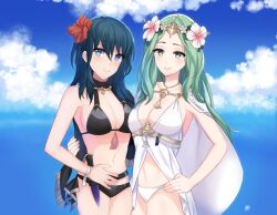 alternate_costume bikini black_bikini black_swimsuit blue_eyes blue_hair byleth_(fire_emblem) byleth_(fire_emblem)_(female) female female_only fire_emblem fire_emblem:_three_houses fire_emblem_heroes light-skinned_female light_skin lilshironeko nintendo official_alternate_costume rhea_(fire_emblem) rhea_(summer)_(fire_emblem) source_larger swimsuit white_bikini white_swimsuit