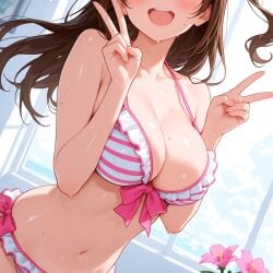 2025 ai_generated bathroom_background belly brown_hair_female female female_only instagram looking_at_viewer meta open_mouth open_mouth pink_and_white_bikini pink_bikini smile_at_viewer smiling_at_viewer ten01c tummy unknown_character v_pose wet_bikini wet_body wet_skin white_bikini