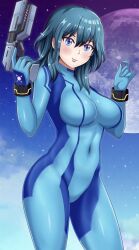 alternate_costume alternate_version_available blue_eyes blue_hair byleth_(fire_emblem) byleth_(fire_emblem)_(female) cosplay crossover female female_only fire_emblem fire_emblem:_three_houses light-skinned_female light_skin metroid nintendo patdarux samus_aran_(cosplay) solo solo_female