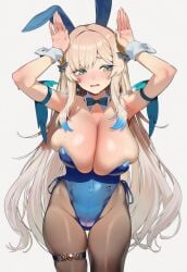 1girls black_pantyhose blonde_hair blush bunny_ears bunny_pose bunnysuit embarrassed green_eyes hikanari_hina huge_breasts leotard long_hair phase_connect playboy_bunny skindentation sweat thick_thighs thighs