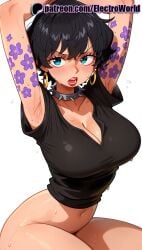 1girls 2025 ai_generated arm_behind_head armpits artist_name blue_eyes blush breasts breasts breasts bust chest cleavage doll_(one_piece) earrings electroworld female flying_sweatdrops hi_res high_quality high_resolution highres jewelry navel one_piece patreon patreon_username short_hair solo stable_diffusion sweat watermark