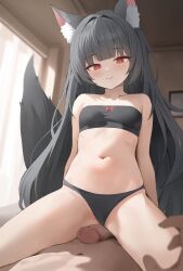 1boy absurdres animal_ear_fluff animal_ears artist_request black_bra black_hair black_panties bow bow_bra bra closed_mouth commission cowgirl_position erection female highres indoors long_hair male navel original panties penis red_bow red_eyes second-party_source smile solo_focus stomach straddling straight tail uncensored underwear