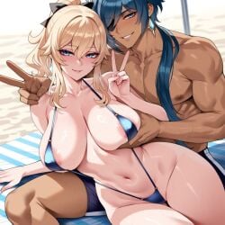 1boy 1girls ai_generated areola_slip areolae bangs bare_shoulders beach bikini blonde_hair blue_bikini blue_eyes blue_hair blue_swimsuit blush bow breast_grab breasts clavicle cleavage clothing curvaceous curvaceous_female curvaceous_figure curvy curvy_figure dark-skinned_male dark_skin earrings eyepatch female female_focus genshin_impact grabbing grin hair_between_eyes hair_ornament hairbow hoyoverse huge_breasts interracial inviting inviting_to_sex jean_gunnhildr jewelry kaeya_(genshin_impact) large_breasts long_hair looking_at_viewer male male_swimwear mihoyo mogu-tyan multicolored_hair muscles muscular muscular_male navel nipples one-piece_swimsuit pectorals ponytail presenting presenting_ass presenting_breasts presenting_hindquarters presenting_pussy presenting_self seductive seductive_look seductive_smile sidelocks sitting smile straight streaked_hair sweat swimsuit tagme thighs tied_hair v voluptuous voluptuous_female wardrobe_malfunction water wet