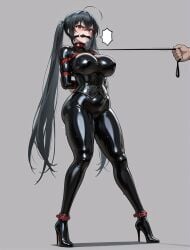 ai_generated azur_lane big_breasts black_hair bondage breasts collar corset female gagged gagged_female high_heels latex leash leash_pull red_eyes rope rope_bondage sexy taihou_(azur_lane) twintails