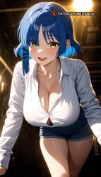 ai_generated blue_hair blush bocchi_the_rock! breasts button_gap cleavage closed_mouth collarbone female hair_ornament huge_breasts ijichi_nijika large_breasts leaning_forward long_hair long_sleeves looking_at_viewer meitabuu mole mole_on_breast multiple_girls open_mouth shirt short_hair skindentation smile solo standing teeth thighs upper_teeth_only white_shirt yamada_ryo yellow_eyes
