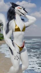 3d_(artwork) 4k 9:16 absurd_res anthro beach bikini clitoral_hood clothing digital_media_(artwork) female fur genitals gold_bikini golden_week hi_res prehensile_clitoral_hood rain_silves sergal smile solo swimwear tail thiccsmough two-piece_swimsuit