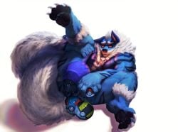 anthro anthro_male anthro_only bara blue_fur blue_markings bodily_fluids canid canine dust_yang fur furaffinity_link furry furry_male furry_only genital_fluids genitals glans glowing glowing_eyes hair hi_res holding_object holding_pokeball humanoid_genitalia humanoid_penis jewelry lying male male_focus male_only mammal markings muscular muscular_anthro muscular_male necklace on_back open_mouth orange_eyes penis penis_poking_out pokeball precum precum_string simple_background snout solo solo_male spread_legs spreading tail white_background white_hair white_tail yaoi