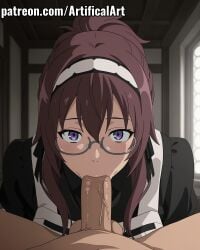 1boy 1girls ai_generated artifical_art big_breasts black_hairband blowjob blowjob_face blush breasts female first_person_view folded_ponytail glasses hair_ornament hairband light-skinned_female light_skin lillia_greyrat long_hair maid maid_apron maid_outfit maid_uniform male mature_female milf mommy mother mushoku_tensei mushoku_tensei:_isekai_ittara_honki_dasu oral oral_penetration oral_sex penis penis_in_mouth perfect_body ponytail pov purple_eyes red_hair sex sucking sucking_penis