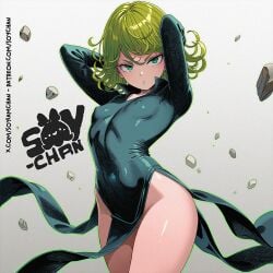 1girls ai_generated arms_up artist_name aura bangs breasts clothing curly_hair curvy dress eyelashes female female_focus female_only floating_object green_eyes green_hair hands_behind_head hips human long_sleeves looking_at_viewer medium_hair nipple_bulge nipples nipples_visible_through_clothing no_bra no_panties one-punch_man petite pinup pose pussy rubble shiny_skin simple_background small_breasts solo solo_female soyiamchan tatsumaki telekinesis thick_thighs thighs url watermark white_background wide_hips