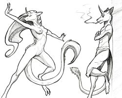 anthro bottomwear breasts clothing dancing duo equis_universe female ki'rinaes male male/female nipples nude pants paws pinup pose sketch smoke sunny_way traditional_drawing_(artwork) traditional_media_(artwork)