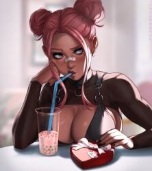 1girls bandage bandage_on_nose beverage big_breasts black_nail_polish black_nails blue_eyes boba_tea box_of_chocolates bra breasts breasts_on_table bubble_(dandon_fuga) choked cleavage clothed clothing dandon_fuga dark-skinned_female dark_skin double_bun drink drinking drinking_tea female female_focus female_only fingernails hair_bun hair_buns heart heart_shape_box large_breasts looking_away nail_polish nails original original_character petite pink_hair purple_eyes seductive_eyes seductive_look see-through see-through_clothing see-through_shirt short_hair solo solo_female solo_focus table tea valentine's_day