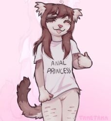 2024 5_fingers absurd_res anthro artist_name blep blush brown_hair canid canine canis closed_eyes clothed clothing digital_drawing_(artwork) digital_media_(artwork) domestic_dog facial_piercing female fingers genitals hair hi_res mammal nose_piercing pantsless piercing shirt signature solo tail tametama text text_on_clothing text_on_shirt text_on_topwear tongue tongue_out topwear vulva
